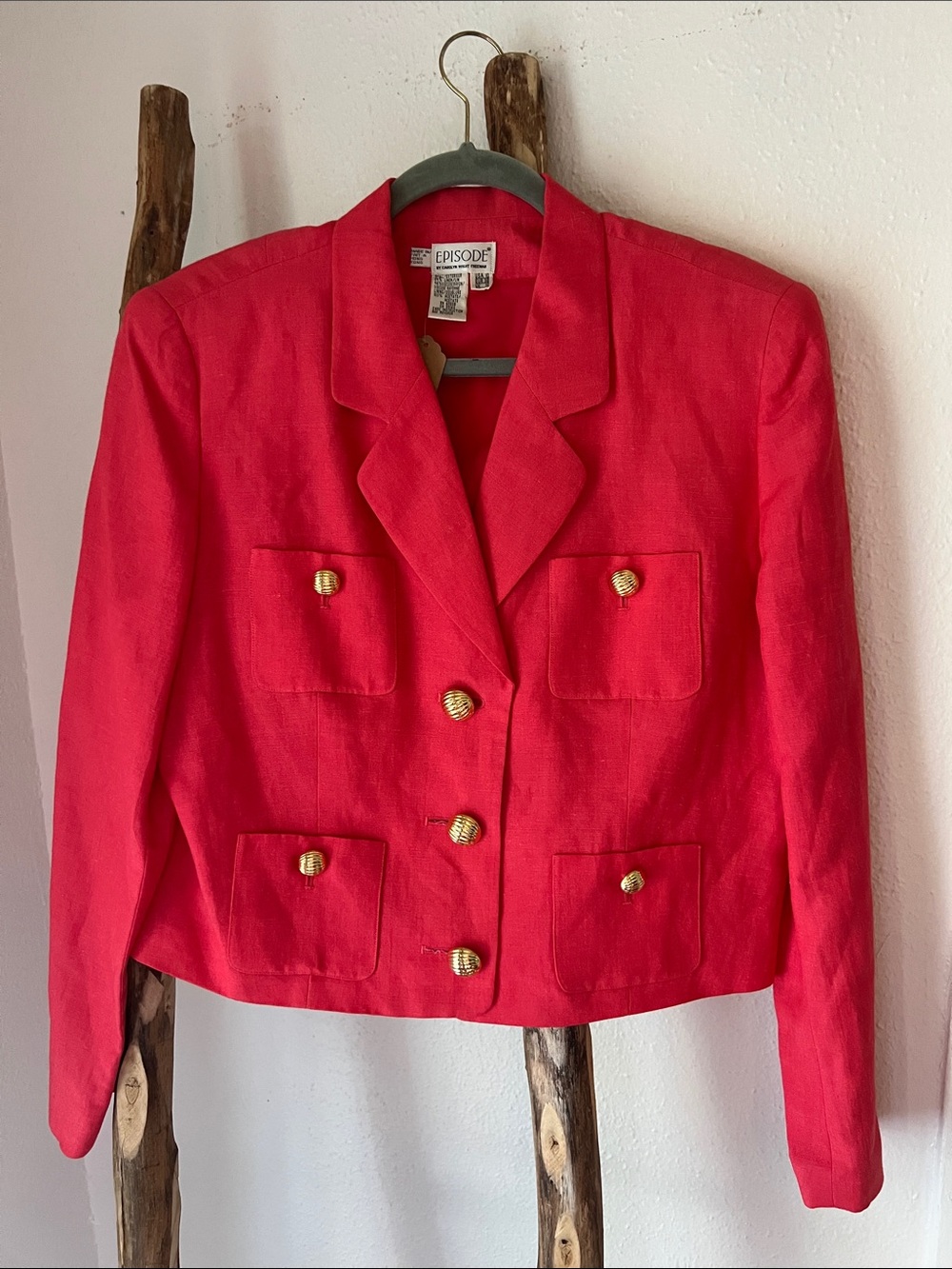 Episode Vintage 80s Coral Pink Red Cropped Tailored Blazer with Gold Buttons 10